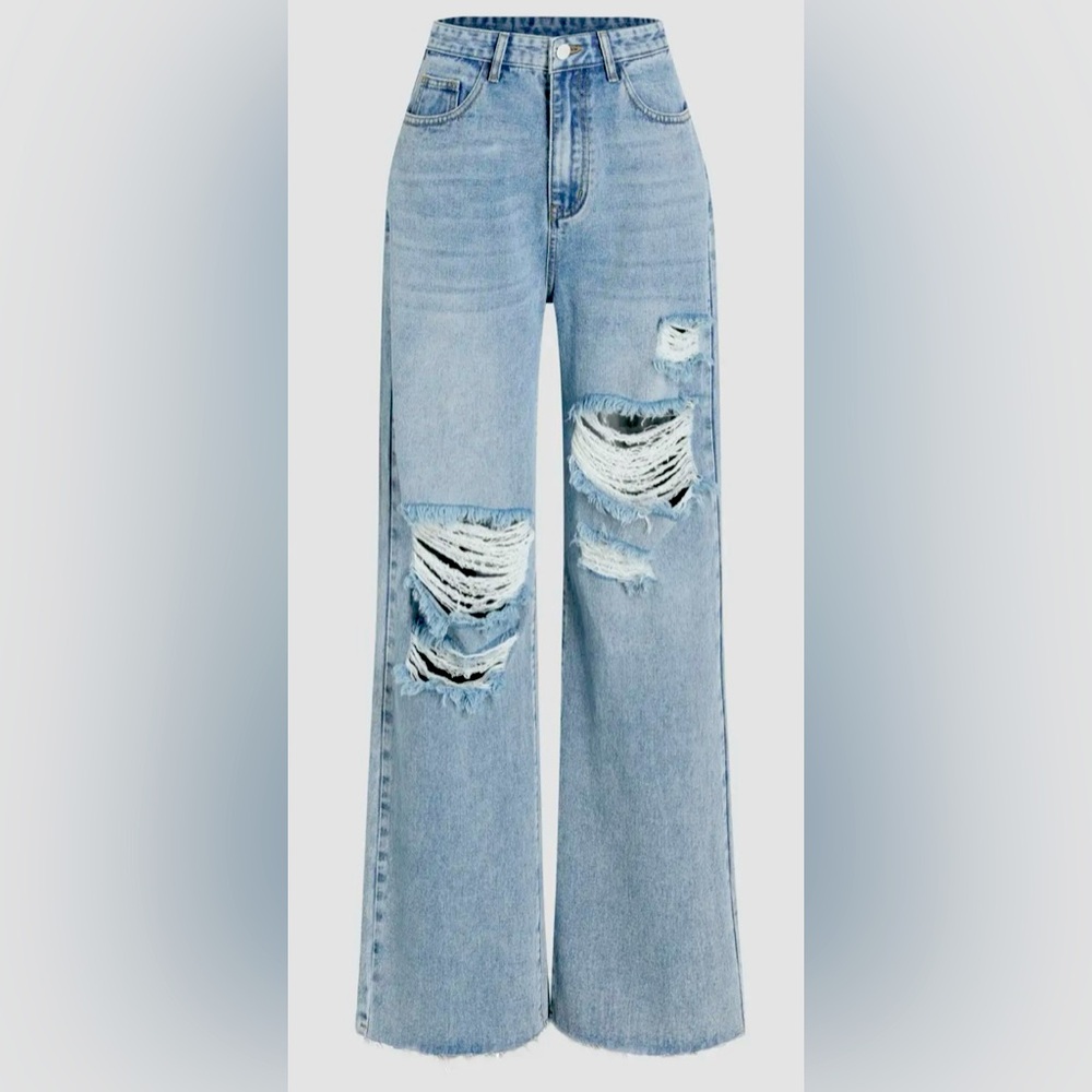 CIDER High Waisted Wide Leg Ripped Jeans